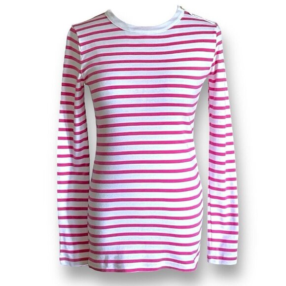 J Crew Womens Striped Button Shoulder Tee XS Pink White Stripe Preppy Shirt Top - Picture 2 of 9